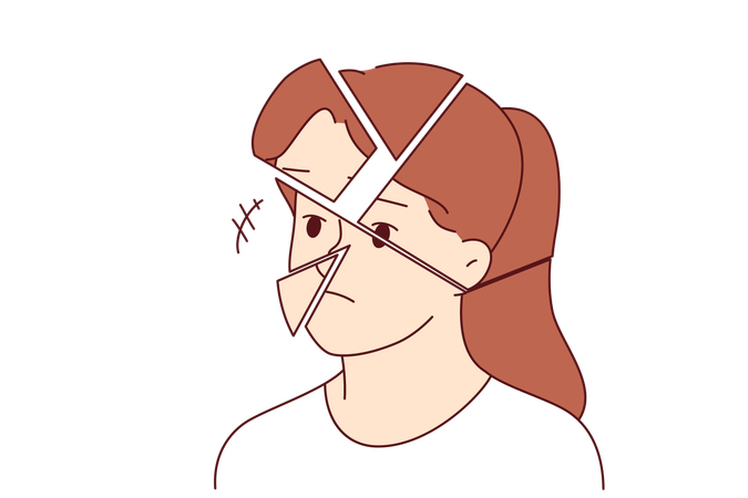 Destruction of woman personality and face is caused by impaired psychological health and burnout  Illustration