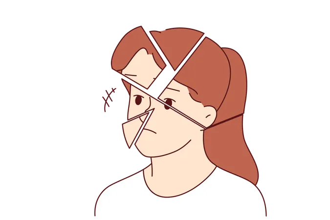 Destruction of woman personality and face is caused by impaired psychological health and burnout  Illustration