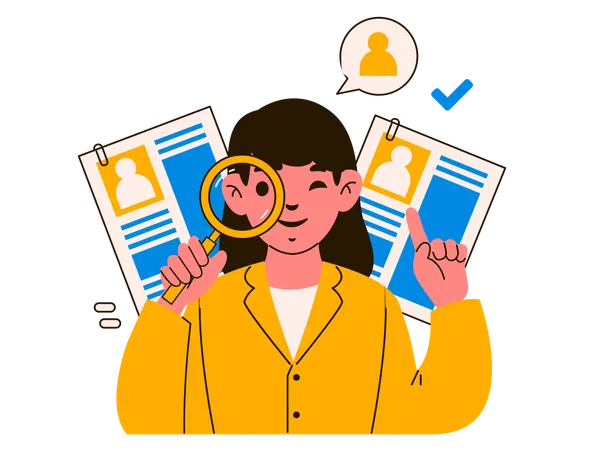 A Professional Woman In A Yellow Blazer Uses A Magnifying Glass To Examine Resumes Symbolizing A Thorough And Meticulous Approach To Candidate Selection Illustration