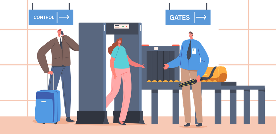 Détecteur de métaux au point de contrôle du terminal de l'aéroport avec personnages et bagages des voyageurs  Illustration