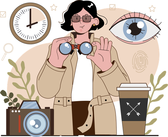 Detective agent spies through spyglass  Illustration