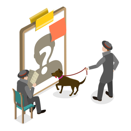 Detective con perro hace planes para encontrar al sospechoso  Ilustración
