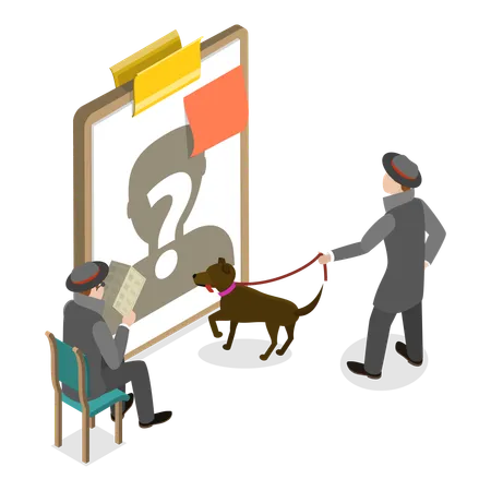 Detective con perro hace planes para encontrar al sospechoso  Ilustración