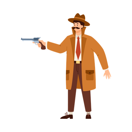 Detective con sombrero apuntando con pistola  Ilustración