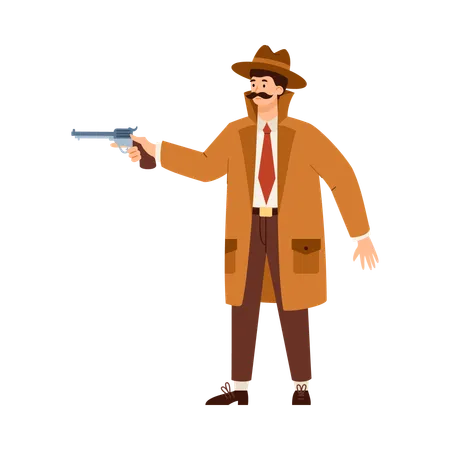 Detective con sombrero apuntando con pistola  Ilustración