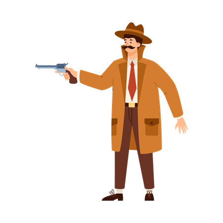 Detective in hat aiming with gun  Illustration