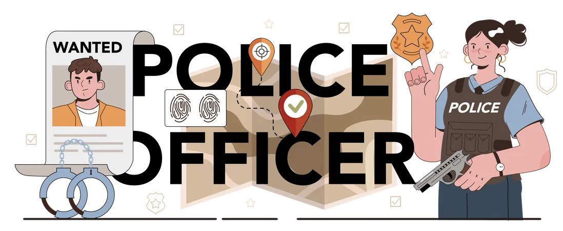 Police Officer Typographic Header Detective Making Investigation And Apprehension Policeman Patrol The City Managing The Traffic 911 Service Isolated Flat Vector Illustration Illustration