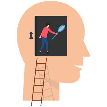 Detective man climb up to human brain investigating problem  Illustration