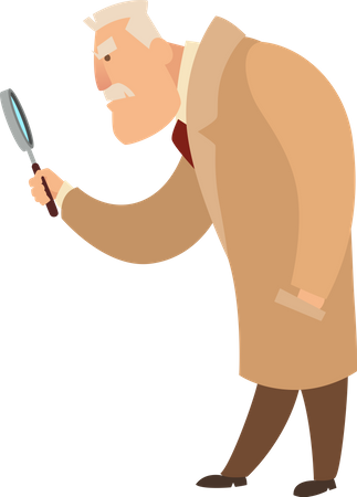 Detective masculino en abrigo con lupa  Ilustración