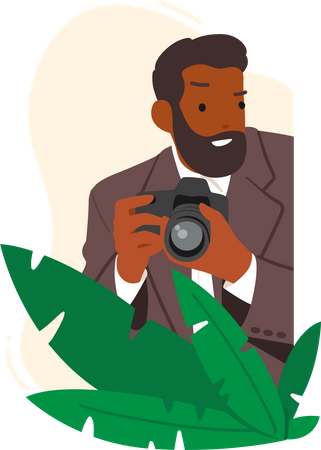 Detective masculino espiando con cámara fotográfica  Ilustración