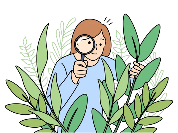 Detective femenina mirando a través de los arbustos  Ilustración