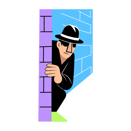 Detective peeking from wall  Illustration