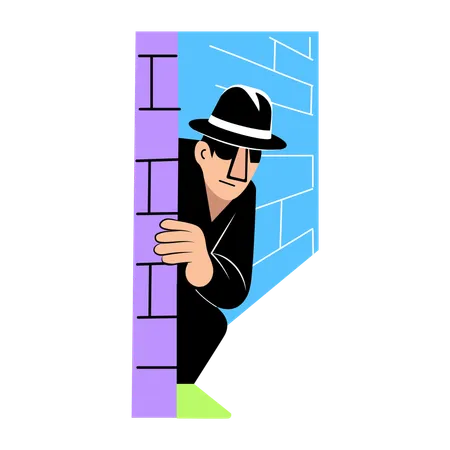 Detective peeking from wall  Illustration