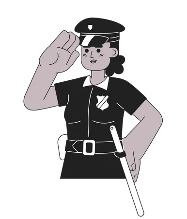 Detective Police Officer African American Woman Black And White 2 D Cartoon Character Black Cop Policewoman Isolated Vector Outline Person Constable Saluting Monochromatic Flat Spot Illustration Illustration