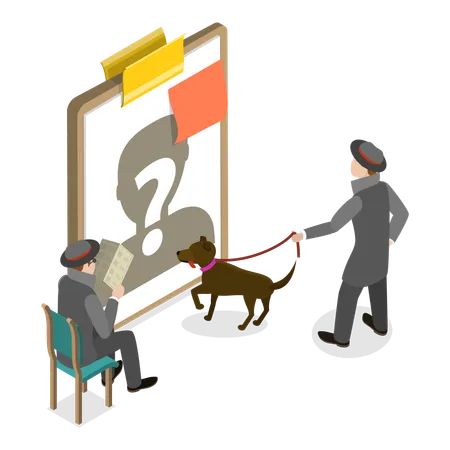 Detective with dog making plans to find suspect  Illustration