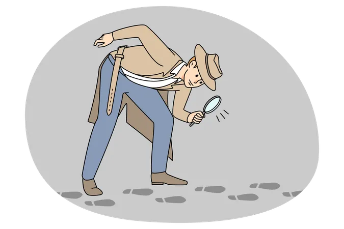 Detective with magnifier following footsteps  Illustration