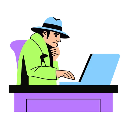 Detective working on laptop  Illustration