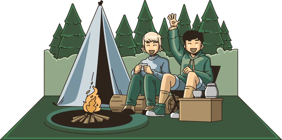 Détendez-vous autour d'un feu de camp avec des amis  Illustration