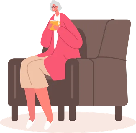Femme âgée détendue chaise confortable, boire du thé  Illustration