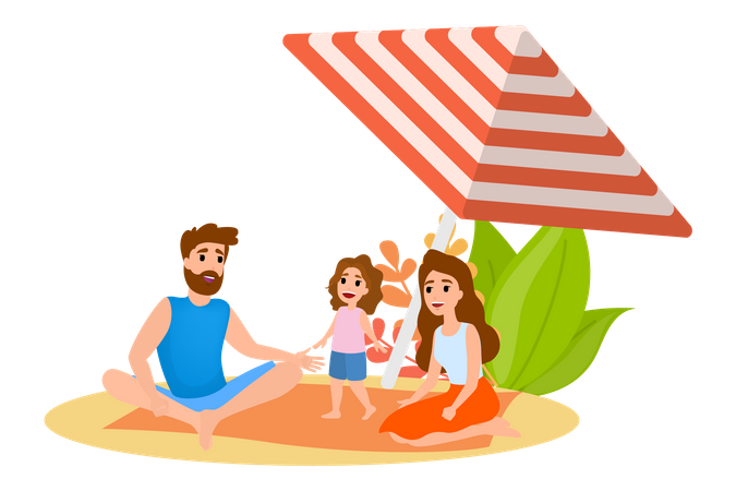 La famille se détend sur la plage  Illustration