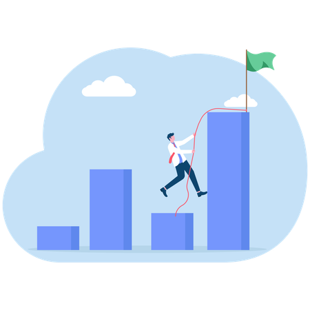 Empresário determinado escalando corda até o topo do gráfico de barras mais alto  Ilustração