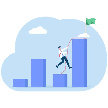 Empresário determinado escalando corda até o topo do gráfico de barras mais alto  Ilustração