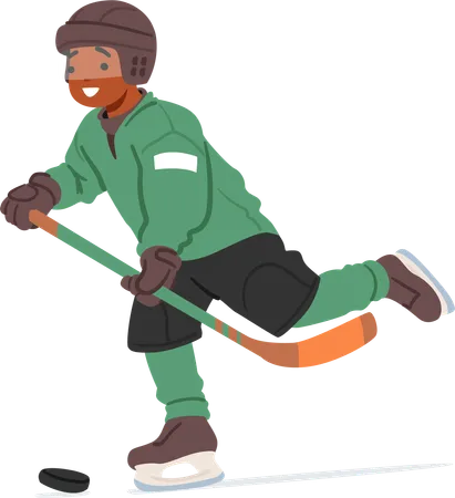 In The Brisk Winter Air A Determined Boy Glides Across The Ice Maneuvering His Hockey Stick With Skill And Joy Chasing The Puck In A Spirited Game Of Winter Sports Cartoon Vector Illustration Illustration