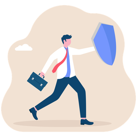 Determined businessman holding shield runs towards progressive arrow  Illustration