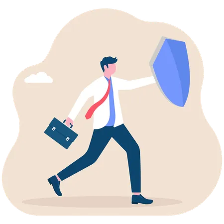 Determined businessman holding shield runs towards progressive arrow  Illustration