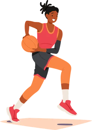 Determined Female Basketball Player Character Dashes Down The Court Dribbling The Ball With Skill And Focus Her Athleticism Evident In Each Swift And Purposeful Stride Cartoon Vector Illustration イラスト