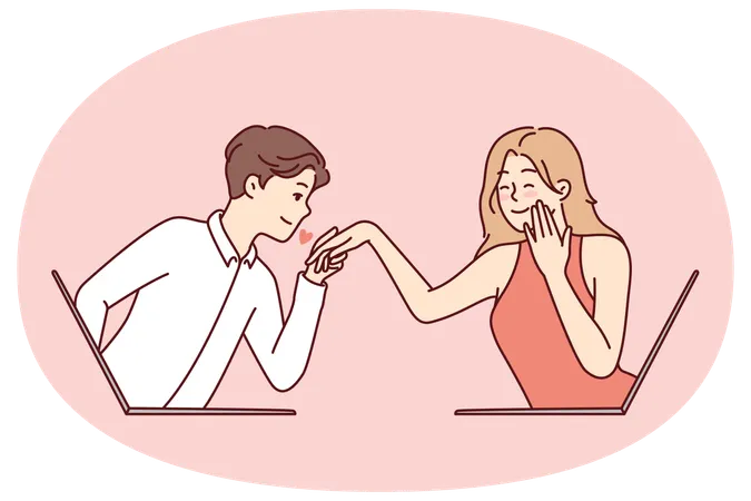 결심한 남자가 당황한 여자의 손에 키스를 하고 있다  일러스트레이션