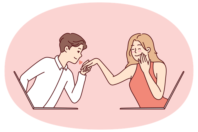 Determined guy kisses hand of embarrassed girl looking  Illustration