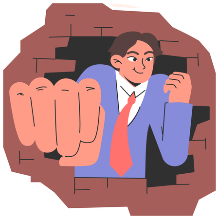 Determined male employee breaking through challenges with strong fist  Illustration