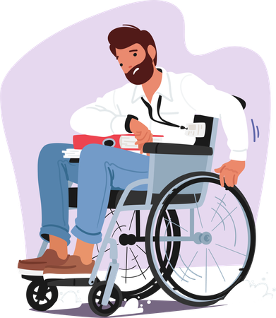 Determined Male In Wheelchair Loaded With Papers And Folders  Illustration