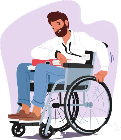 Determined Male Character In A Wheelchair Loaded With Papers And Folders Briskly Navigates Through The Office Showcasing His Remarkable Speed And Independence Cartoon People Vector Illustration Illustration