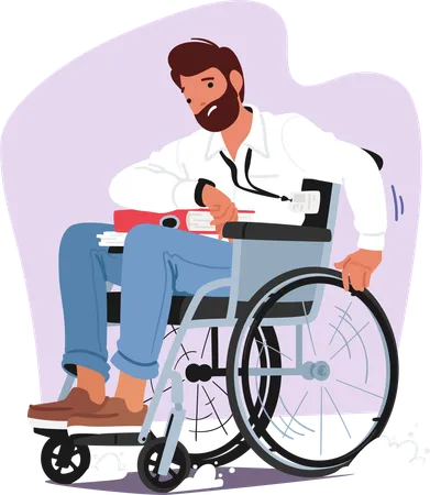 Determined Male In Wheelchair Loaded With Papers And Folders  Illustration