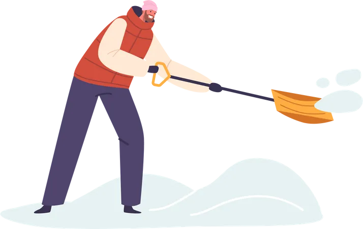 Determined Man In Winter Attire Diligently Shovels Snow From A Quaint Neighborhood Street Isolated Cheerful Male Character Working With Shovel Outdoors Cartoon People Vector Illustration Illustration