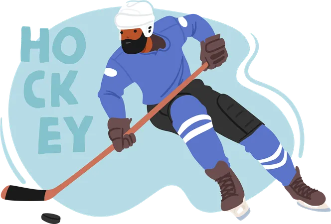 Determined Man Glides Across The Icy Rink Hockey Stick In Hand Character Chasing The Puck With Skillful Maneuvers Surrounded By The Exhilarating Winter Chill Cartoon People Vector Illustration イラスト