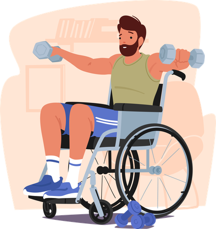 Determined Man In Wheelchair Engages In Empowering Exercises With Dumbbells  Illustration