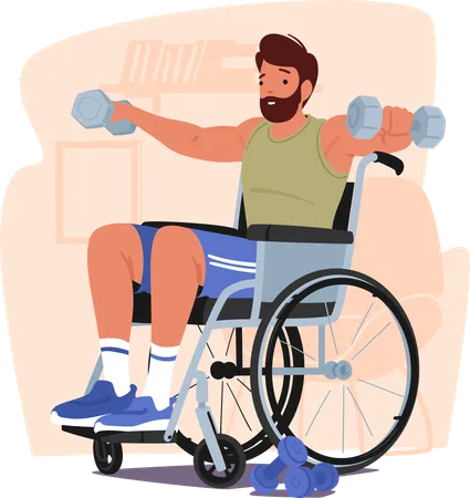Determined Man In A Wheelchair Engages In Empowering Exercises With Dumbbells Male Character Showcasing Resilience And Strength In His Upper Body Workout Routine Cartoon People Vector Illustration Illustration