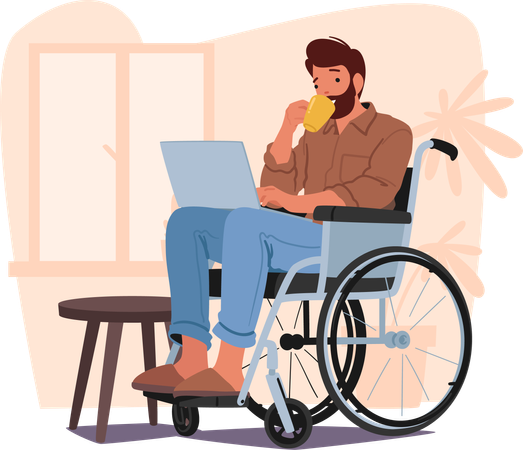Determined Man In Wheelchair Expertly Operates A Laptop. Disabled Male Character Showcasing Resilience  イラスト