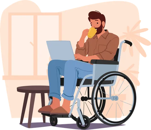 Determined Man In Wheelchair Expertly Operates A Laptop Disabled Male Character Showcasing Resilience Adaptability And The Power Of Technology Breaking Barriers Cartoon People Vector Illustration Illustration