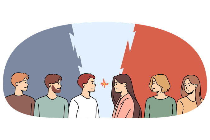Determined men and woman stand opposite look in eyes  Illustration
