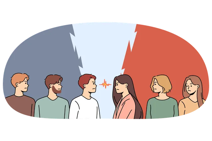 Determined men and woman stand opposite look in eyes  Illustration