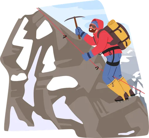 Determined Mountain Climber Ascends Icy Peak Gripping An Ice Axe With Unwavering Focus Conquering The Challenging Terrain In The Exhilarating Pursuit Of Summiting The Majestic Mountain Vector Illustration