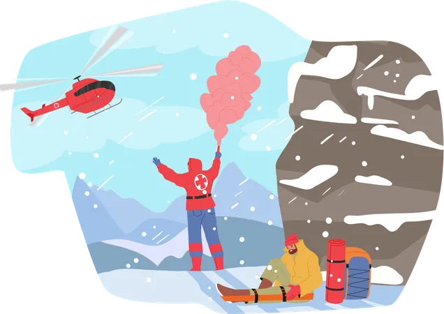 High On The Mountain A Determined Rescuer Signals A Hovering Helicopter With Billowing Smoke With Injured Tourist Sitting Nearby Daring Mountain Rescue Mission Cartoon People Vector Illustration Illustration