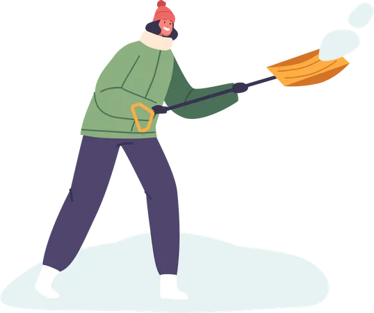 Determined Woman Character Bundled In Winter Gear Diligently Shovels And Removes Snow From Snow Covered Street Creating A Path Through The Pristine White Landscape Cartoon People Vector Illustration 일러스트레이션