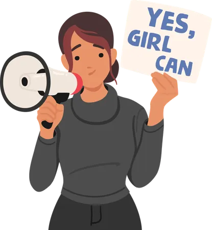 Determined Woman Holding Megaphone And Hold Yes Girl Can Sign  Illustration