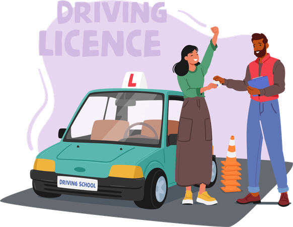 Determined Woman Successfully Obtains Her Driving License After Skillfully Demonstrating Her Abilities  Illustration