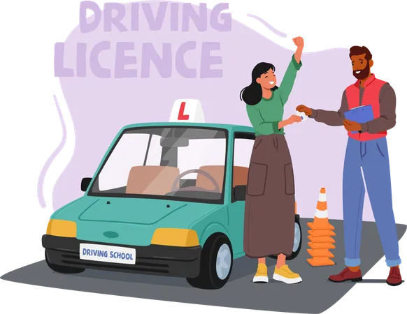 Determined Woman Character Successfully Obtains Her Driving License After Skillfully Demonstrating Her Abilities To Her Instructor During Comprehensive Driving Test Cartoon People Vector Illustration 일러스트레이션